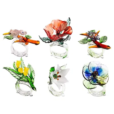 Pre-owned Casarialto Set Of 6 Jardin Fleuri Colored Glass Napkin Rings In Sand