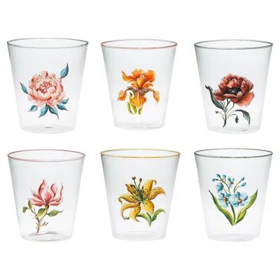Pre-owned Casarialto Set Of 6 Jardin Fleuri Glass Tumblers In Sand