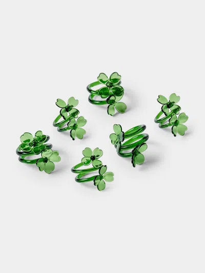 Casarialto Set Of 6 Nature Fortuna Hand-blown Glass Napkin Rings In Green