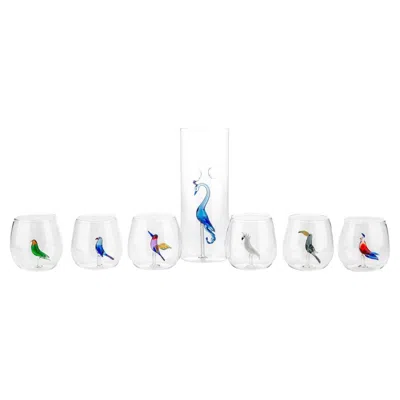 Pre-owned Casarialto Set Of 6 Tropical Bird Glasses And Peacock Pitcher In Gray