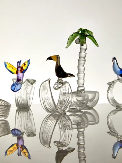 Casarialto Set Of 6 Tropical Birds Hand-blown Glass Napkin Rings In Transparent