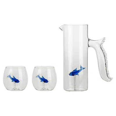 Pre-owned Casarialto Set Of Little Blue Fish Pitcher And Four Rounded Little Blue Fish Glasses