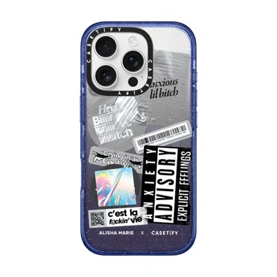 Casetify Iphone 16 Pro Case Glitter Indigo Impact Case Magsafe Compatible  Anxiety Advisory Sticker Case Case