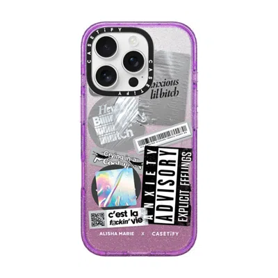 Casetify Iphone 16 Pro Case Glitter Purple Impact Case Magsafe Compatible  Anxiety Advisory Sticker Case Case
