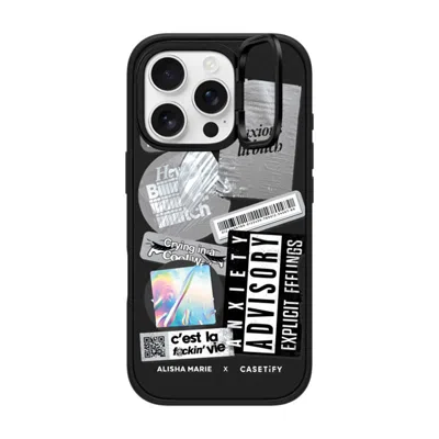 Casetify Iphone 16 Pro Case Matte Black Impact Ring Stand Case Magsafe Compatible  Anxiety Advisory Sticker C