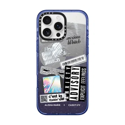Casetify Iphone 16 Pro Max Case Glitter Indigo Impact Case Magsafe Compatible  Anxiety Advisory Sticker Case 