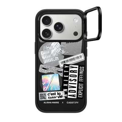 Casetify Iphone 17 Pro Case Matte Black Impact Ring Stand Case Magsafe Compatible  Anxiety Advisory Sticker C