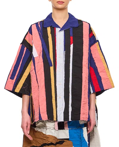 Casey & Casey Raw Cut Striped Patchwork Shirt With Classic Collar In Multi