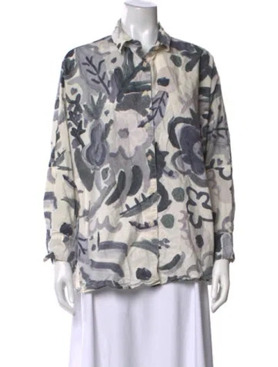 Pre-owned Casey Casey Floral Print Long Sleeve Button-up Top In White