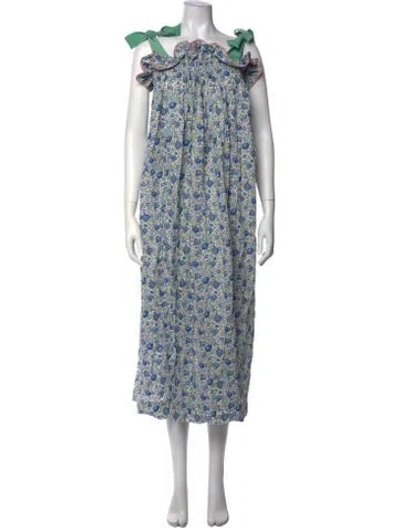 Pre-owned Casey Marks Floral Print Long Dress In Blue/white