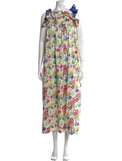 Pre-owned Casey Marks Floral Print Midi Length Dress W/ Tags In White