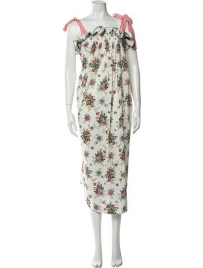 Pre-owned Casey Marks Floral Print Midi Length Dress In White