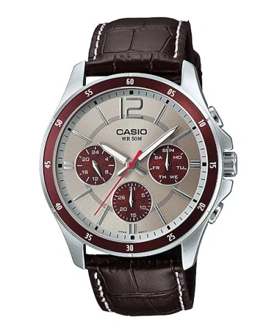 Casio & Vintage Casio Mtp-1374l-7a1 Men's Quartz Watch - Silver Dial, Brown Leather Bands In Black