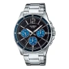 Casio Business Style Waterproof Quartz Men Silver/black Stainless Steel Strap Mens Blue Analog In Metallic