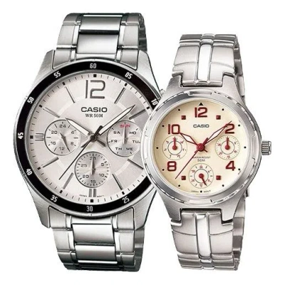 Casio Couple Waterproof Stainless Steel Strap White Analog In Black