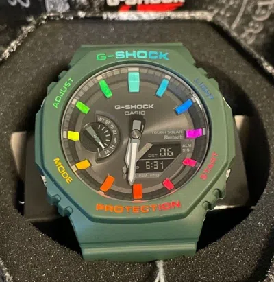Pre-owned Casio Custom Hand Painted  G-shock Tough Solar Ga-b2100-3a Olive Rainbow Ak
