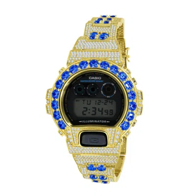 Pre-owned Casio Full Custom Gold Tone Blue Sapphire Simulated Diamond  G-shock Dw6900 Watch
