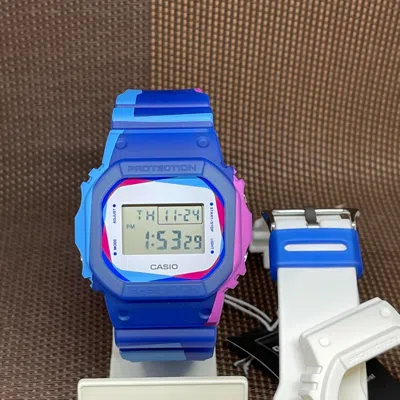 Pre-owned Casio G-shock Dwe-5600pr-2d Interchangeable Strap & Bezel Blue White Men's Watch
