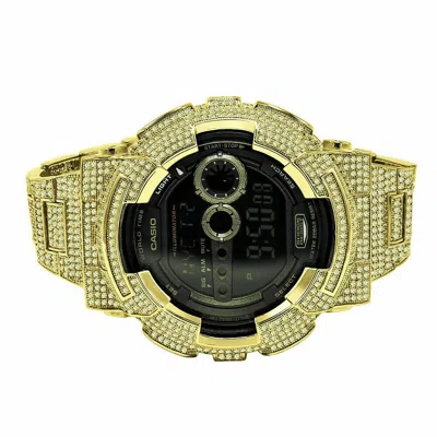 Pre-owned Casio G-shock Ga100 Yellow Gold Tone Custom Bezel Canary Cz Band Men's Designer Watch