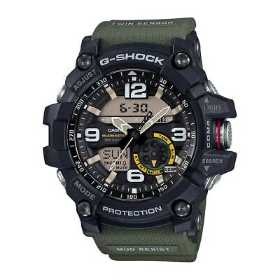Pre-owned Casio G-shock Men's Mudmaster Analog/digital Green Cloth Band Watch Black Dial
