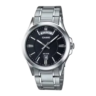 Casio Men's Black Dial Analog Watch Stainless Steel Bracelet - Mtp-1381d-1avdf In Silver