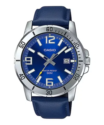 Casio Men's Blue Leather Strap Watch With Blue Dial - Mtp-vd01l-2bv