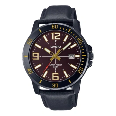 Casio Men's  Dress Series Classic Minimalistic Red 45mm 50 Waterproof Black Strap Mens Redbrown Analo In Brown