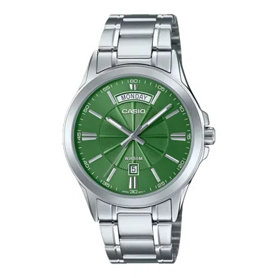 Casio Men's Green Dial Stainless Steel Bracelet Watch - Mtp-1381d-3avdf In Metallic