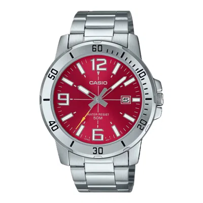 Casio Men's Red Dial Stainless Steel Bracelet Watch - Mtp-vd01d-4bvudf In Gray