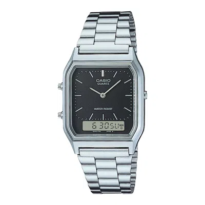 Casio Men's Silver Analog Digital Watch Black Dial Steel Bracelet - Aq-230a-1d In Metallic