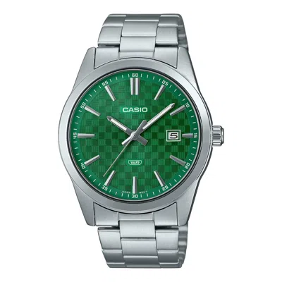 Casio Men's Silver Stainless Steel Watch With Green Textured Dial - Mtp-vd03d-3a1udf