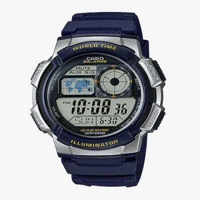 Casio Mens Black & Sterling Silver Lcd Digital Strap Sport Watch Ae1000w-2av In Blue