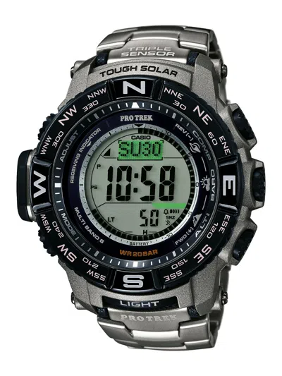 Pre-owned Casio Pro Trek Men's Tough Solar Silver-tone Titanium Band 56mm Watch Prw3500t-7