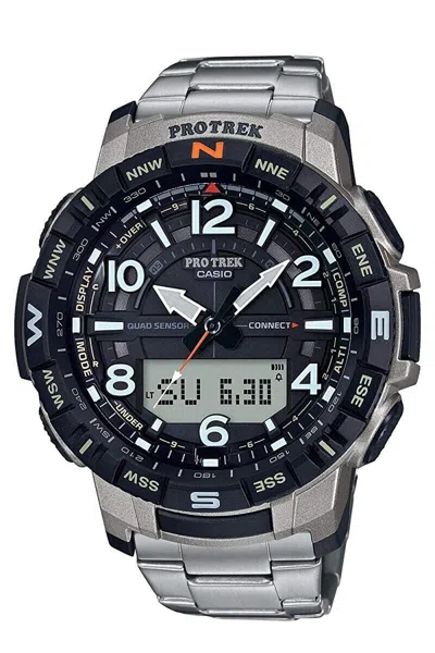 Pre-owned Casio Pro Trek Prt-b50t-7jf Climber Line Bluetooth Titanium Watch 50.8mm