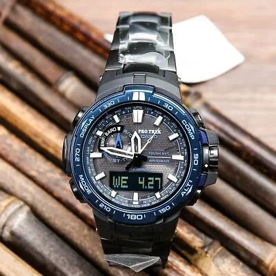 Pre-owned Casio Pro Trek Prw-6000syt-1d Triple Sensor Black Titanium Alarm Compass Watch