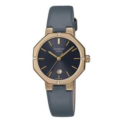 Casio Sheen Octagon Sapphire Crystal Gold Color Case 50m Waterproof Leather Strap Black Watch Black/ In Gray