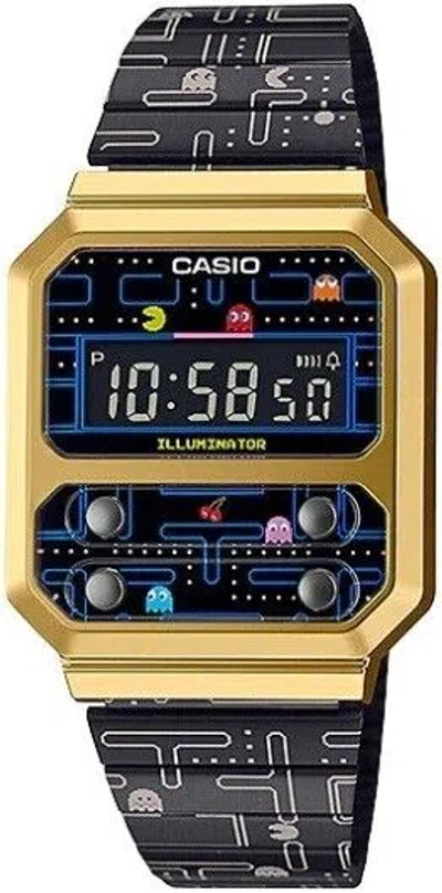 Pre-owned Casio Vintage X Pac-man Digital Black/gold Men's Watch A100wepc-1b