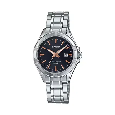 Casio Women's Black Dial Stainless Steel Date Bracelet Watch - Ltp-1302d-1a2v In Silver