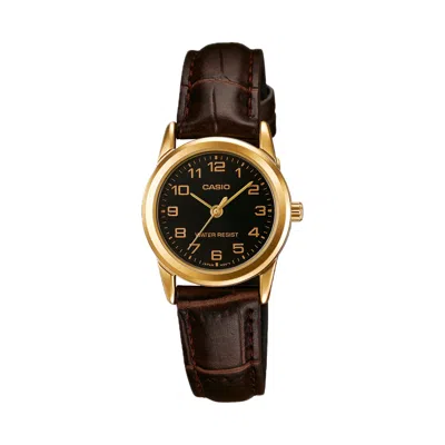 Casio Women's Black Dial Gold-tone Case Brown Leather Strap Watch - Ltp-v001gl-1b