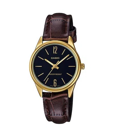 Casio Women's Black Dial Gold-tone Case Brown Leather Strap Watch - Ltp-v005gl-1budf