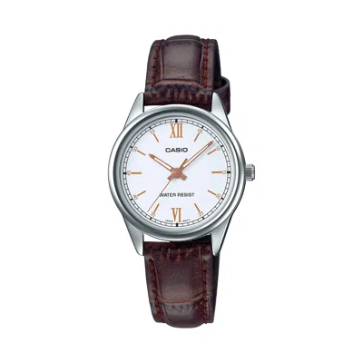 Casio Women's Brown Leather Watch With White Dial - Ltp-v005l-7b3udf