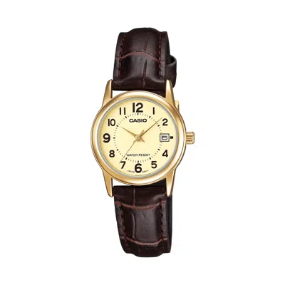 CASIO WOMEN'S CHAMPAGNE DIAL ANALOG WATCH WITH BROWN LEATHER STRAP - LTP-V002GL-9BUDF