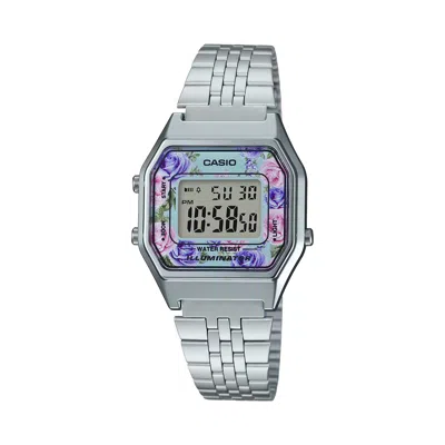 Casio Women's Digital Watch With Floral Dial And Stainless Steel Bracelet - La-680wa-2cdf In Metallic