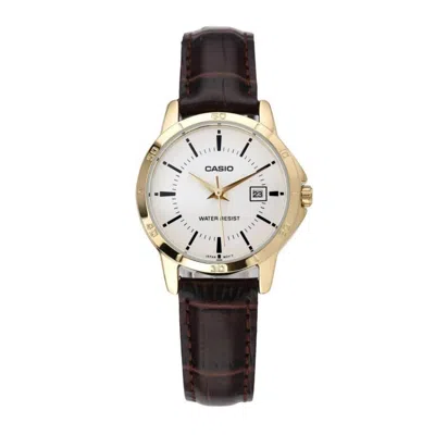 Casio Women's Gold Analog Watch With White Dial And Brown Leather Strap - Ltp-v004gl-7audf