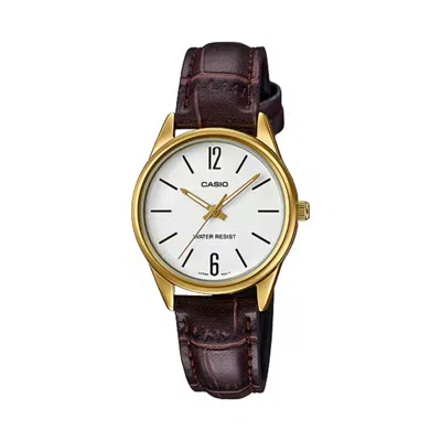 Casio Women's Gold Tone Analog Watch White Dial And Brown Leather Strap - Ltp-v005gl-7budf