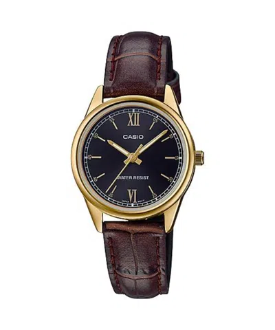 Casio Women's Gold Tone Analog Watch With Black Dial And Brown Leather Band - Ltp-v005gl-1b2udf In Orange