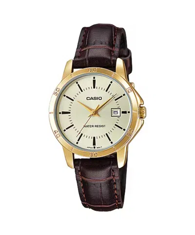 Casio Women's Gold-tone Watch With Brown Leather Band And Champagne Dial - Ltp-v004gl-9audf