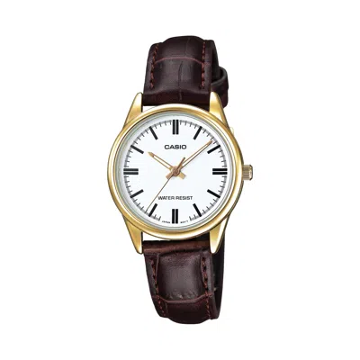Casio Women's Gold-tone Watch With White Dial And Brown Leather Band - Ltp-v005gl-7audf