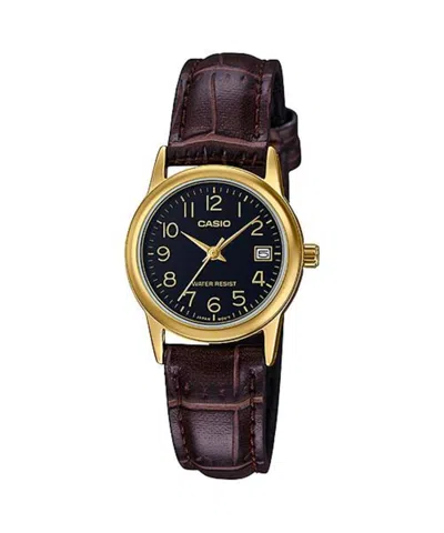 Casio Women's Gold Watch With Black Dial And Brown Leather Band - Ltp-v002gl-1b