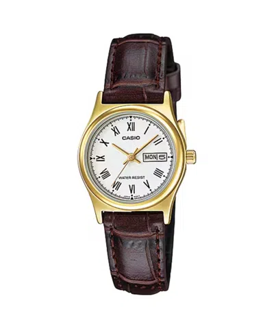 Casio Women's Gold-tone Analog Watch With White Dial And Brown Leather Strap - Ltp-v006gl-7b